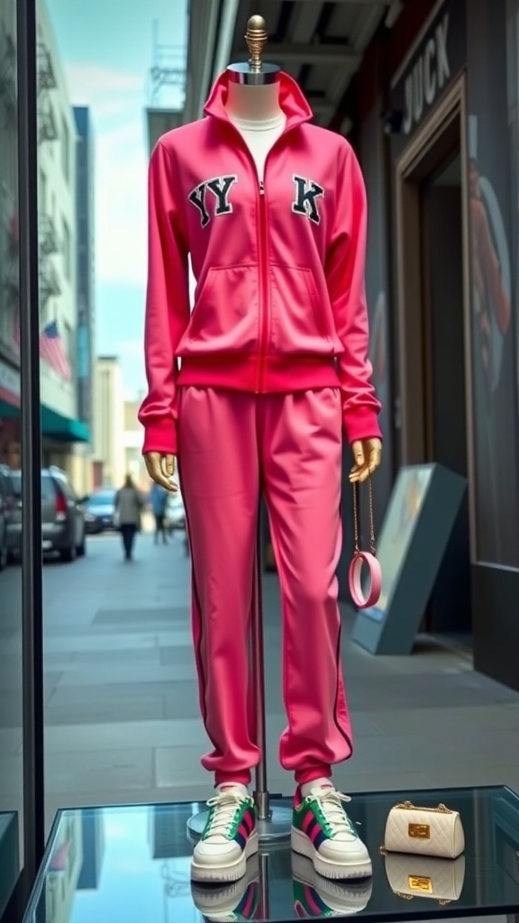 A Juicy Couture Y2K tracksuit in vibrant color, styled with platform sneakers and accessories.
